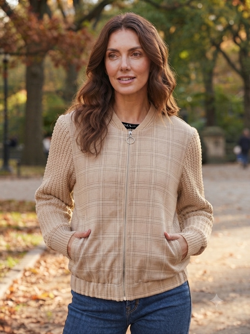 Alice Blue Beige Plaid Bomber Jacket with Knit Sleeves